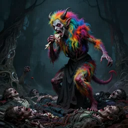 a beautiful, colorful, flesh - eating, whimsical demon with rainbow fur, eating a screaming priest while standing on a pile of corpses, by david cronenberg and alexandro judorowski, fear, morbid, nightmare, supernatural, 8 k, digital art, highly detailed, chiaroscuro, creepy, terrifying