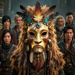 tribal vodoo mask wooly hair cut feather stone global illumination ray tracing hdr that looks like it is from borderlands and by feng zhu and loish and laurie greasley, victo ngai, andreas rocha, john harris