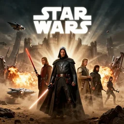 star wars mediaval movie poster, dramatic lighting, god rays, photograph, shot by canon r6, castle in background with spaceships, and sand explosions, high definition, full detailed