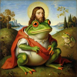 Pepe the frog dressed as Jesus, renaissance, oil painting, scenic background