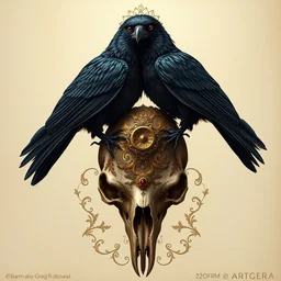 painting of a two headed crow on a skull, decorated, intricate, elegant, highly detailed, digital painting, artstation, concept art, smooth, sharp focus, illustration, art by artgerm and greg rutkowski and alphonse mucha, 8 k