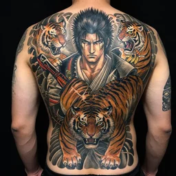 yakuza tattoos on a back with intricate designs with tigers, featuring christopher walker as a samurai, amazing detail, sharp