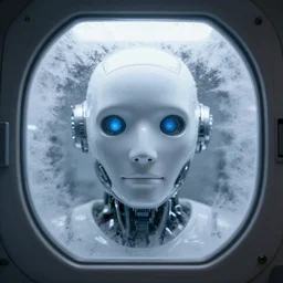 a robot face, seen through a frosty window of a cryogenic chamber, high quality render, unreal engine