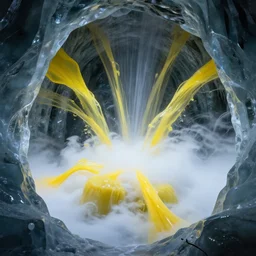 liquid nitrogen with yellow water-cooling coolant flowing through latent representations of dark ice caverns undergoing centrifugal forces, illuminated by computer circuitry sticking out the walls, high detail, high contrast, low-poly elements, 90s low poly render, 4k upscaling