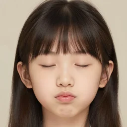 triangle shaped face, cute small chin, smaller head, hair below ears