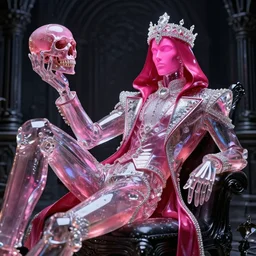 hyper detailed ultra sharp photo of fullbodied baroque and bladerunner delicate glass crystalline sculpture of seductive albino prince zayn malik dotado pink iridescent humanoid deity wearing red hooded metallic tuxedo holding an onyx skull in a black dungeon, reclining, glowing magenta face, crown of white diamonds, cinematic lighting, photorealistic, octane render 8 k depth of field 3 d