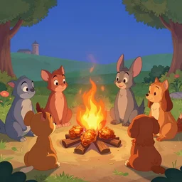 animals sit around the fire and fried chicken in disney styles