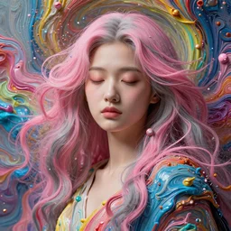 a portrait of a very beautiful young asian goddess with pink and grey hair radiating an artwork made of swirling paint and impasto, sleepy eyes by wlop and botticelli, background is multicoloured volumetric displacement, hyperrealism, subsurface scattering, arnold render, noise to volume, 8 k, houdini, xparticles