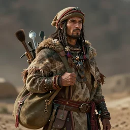 an intricate concept portrait art illustration of a nomad with a cape and bag full of tools, fuzichoco color palette, global illumination, digital art, photorealistic movie still, style by ivan talavera and artgerm and wlop, hyper realistic, photorealistic, octane render, trending on artstation, cgsociety, cinematic light, 8 k