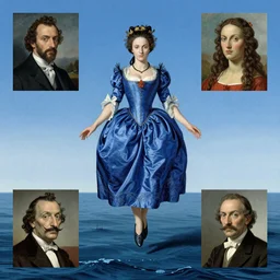 Marie Antoinette levitating over the sea. El Greco, Remedios Varo, Salvador Dali, Carl Gustav Carus, John Atkinson Grimshaw. Blue tint. Symetrical, logo, geometric shapes, high detail, great lighting, 8k resolution, masterpiece, concept art, illustration