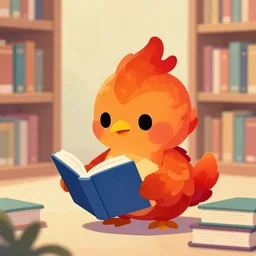 a cute firebirdy reading a book in a library #cell-shader
