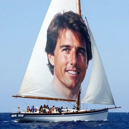 big sailboat with tom cruise face on the sail
