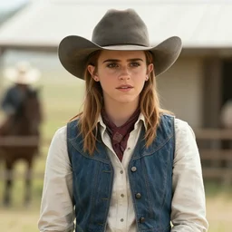 medium shot of emma watson as a cowboy in a western movie directed by sergio leone, sunset, promotional image, detailed face, movie still frame, frame 7 6 2 of 1 5 8 4 0 0, techniscope 3 5 mm film