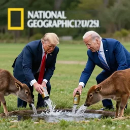 national geographic professional photo of biden and trump drinking from a watering hole with animals, award winning