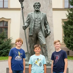 3 young boys next to the epic statue of andrej babis, painted as a game concept art
