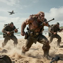 Orcs storming the Beaches of Normandy during WW2, war-photography, film still, D-Day, dynamic action pose, insane detail, intricate, highly detailed, Zeiss Lens, DSLR photography, smooth, sharp focus, Unreal Engine 5, Octane Render, Redshift, 8K