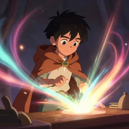 a young boy mage with a brown cloak is standing at his desk working on a new spell, colorful, flowing energy, light rays, anime boy, boy, medium shot, waist up, pixar and disney animation, sharp, rendered in unreal engine 5, by greg rutkowski and makoto shinkai, bloom, dramatic lighting, cinematic