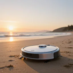 roomba chilling on the beach, sunset
