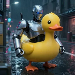 robocop duck, cyberpunk street, higly detailed, masterpiece, late night, raytracing, rain, moody, interesting angle, parody, caricature, biomechanical, smooth, studio ghibli