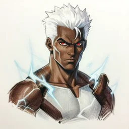 a dark skinned, electricity themed superhero with white hair and red eyes. Drawn by Geoffroy Thoorens. Raphael Lacoste. Kuvshinov ilya