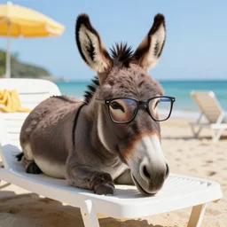 A Donkey wearing cool glasses is lying on a sunbed at the beach, 8k, highly detailed