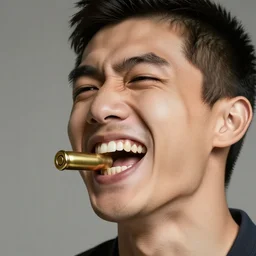 a man catching a bullet in his teeth, highly detailed, high res, 8 k, photorealistic