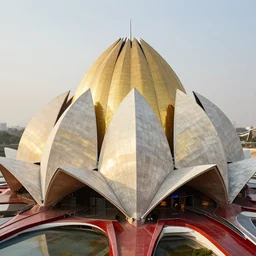 futuristic lotus temple space station with gold, red and white marble panels, by santiago calatrava and  buckminster fuller and syd mead, intricate contemporary architecture, photo journalism, photography, cinematic, national geographic photoshoot