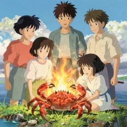 memorable animation key shot, stranded on an island, making a burnt offering to the crab god, by mandy jurgens, by satoshi kon, ilya repin, lena aenami, shinji kimura, daylight pastel color palette