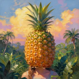 closeup, giant pineapple as head, girl surrounded by djungle, surreal photography, golden hour, colorful clouds, impressionist painting, digital painting, artstation, simon stalenhag