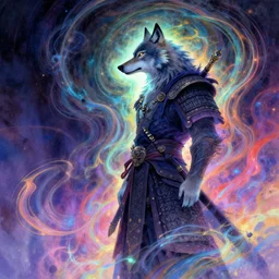 side profile, the wolf headed warrior god, gloomhaven, luminescent, colorful swirly magic ripples, dreamy colors, by greg manchess, huang guangjian, gil elvgren, sachin teng, greg rutkowski, jesper ejsing, ilya kuvshinov