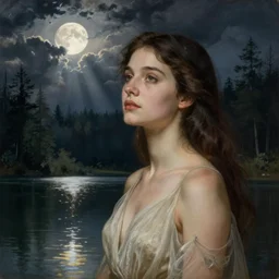 a beautiful woman at a lake, forest, dark clouds, moon, nightsky, moonrays, shadows, high detail, illustration by Gustav Doré