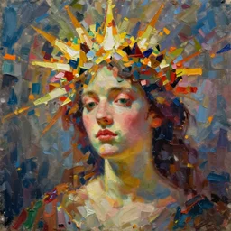 all this fight in me, a crown of light on my forehead, oil on rough canvas by minerva teichert, impasto, vivid colors