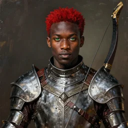 cedric cromwell, solo male knight, young adult, short straight red hair, red hair, green eyes, darkskinned ethiopian! african skin, elaborate steel armor, longbow, clear symmetrical eyes, a male dnd knight's portrait, clear eyed, realistic, by brian patterson and rhads!!!, palette knife background