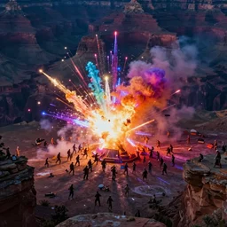 a colorful explosive epic extraterrestrial and hunan battle in the grand canyon, in the style of avatar, epic scene, extremely detailed masterpiece, extremely moody lighting, glowing light and shadow, atmospheric, shadowy, cinematic, god lighting