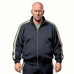 lone overweight jason statham in a track suit, judgmental, graphic novel full frame drawing