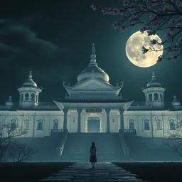 divine insane temple at night, white architecture, beautiful mysterious atmosphere, a girl standing at distance, full moon in the distance, cherry blossom in the distance