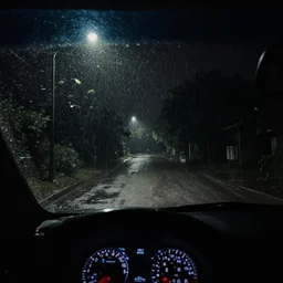car driver view, night, raining, creepy place, penumbra