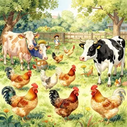 a beautiful insanely intricate watercolor illustration of a chikens and cows in the yard, colorfull, by william turner art, by greg rutkowski, by james jean, by rossdraws, by frank franzzeta, by sakimichan, by edmund dulac, trending on artstation, insanely detailed, masterpiece,