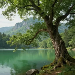A mystical tree that bends around the mountain in the distance and into the foreground, where it dips into the green lake, very detailed concept art, matte painting, digital art, concept art, realistic beautiful, trending on Artstation, Greg Rutkowski