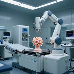 a complex bifurcated robotic cnc surgical arm hybrid mri 3 d printer machine making organic ceramic kintsugi mandlebulb forms in the glass room laboratory with control panels, surgical room with operating table, medical equipment and heart rate monitor, photography, film still from the movie directed by denis villeneuve with art direction by salvador dali, wide lens, f 3 2, cinematic lighting, studio quality, smooth render, unreal engine 5 rendered, octane rendered