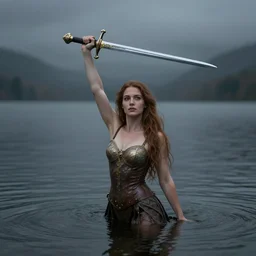 the lady of the lake rising up from the water holding a sword above her head with diffused lighting 8 k