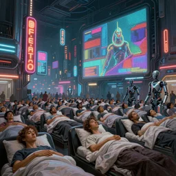 futuristic neon signs in a scene of millions of people waking up, ( ( robot cyborgs ) ), futuristic oil painting by rembrandt and jeff koonz, ( ( led panel screens and projections ) ), intricate details, ( ultra realistic ), dynamic lighting, ( octane render ), ( ( ( vertical led strip lighting ) ) )