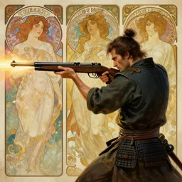 a samurai firing a machine gun, au naturel, intricate, hyper realise, digital art, artstation, concept art, smooth render, sharp focus, ian sprigger, artgerm, greg rutkowski, alphonse mucha, william adolphe bouguereau