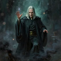 a beautiful painting of voldemort performing an occult ritual, by greg rutkowski featured on artstation, dark spell, magic vfx, particles, depth of field, bokeh, black smoke, sparks
