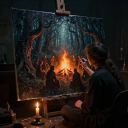 an artist is sitting in a darkened room, lit only by a single candle. in front of them is a canvas, upon which they are painting a scene from a dark fantasy story. the scene depicts a group of people gathered around a fire, in the middle of a dark forest. the trees are twisted and gnarled, and the leaves are black. the people are all wearing