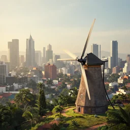 an african city in a valley, with a gigantic windmill and skyscrapers, morning, andreas rocha, artstation