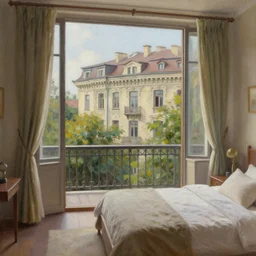 beautiful condo with large bedroom and a balcony seen from inside, old beautiful building, gorgeous nature background, realistic oil on canvas