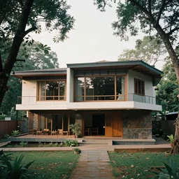a beautiful contemporary masterpiece vernacular house surrounded by trees in central india, featured on architecture daily, shot on large format film, kodak porta film, cinematic composition, beautiful lighting, no frames