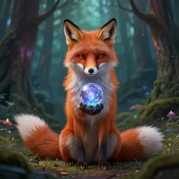 an anthromorphic fox as a magic fortune teller holding an orb in an enchanted forest, photorealistic, fantasy art, digital art, by tom bagshaw