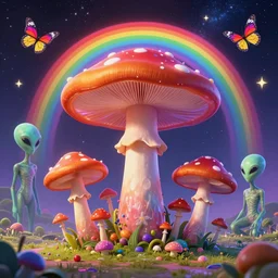 psychedelic mushrooms, enchanted alien world, mushrooms on the ground, aliens, galaxy in the sky, butterflies, occult, illuminati, third eye, rainbows, bright colors, psychedelic, vector art, awesome, fanart, fantasy poster by helen huang and frank frazetta and salvador dali and norman rockwell, anime style